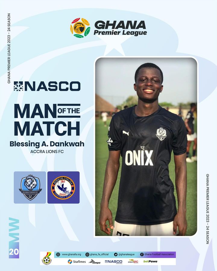 Blessing Asuman’s brace earns him MOTM as Accra lions trash Berekum Chelsea 5-0