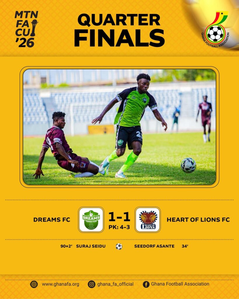 Dreams FC beat Heart of Lions on penalties to reach 2025/26 MTN FA Cup Semi-Finals